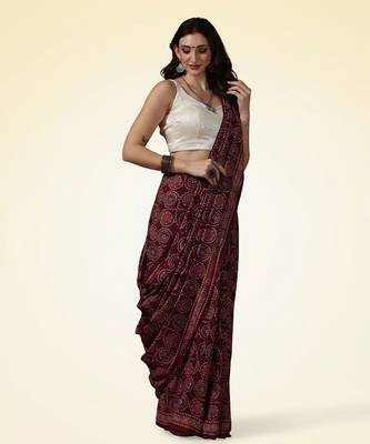 Maroon wine ajrakh printed cotton saree 2