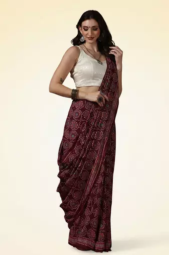 Maroon wine ajrakh printed cotton saree