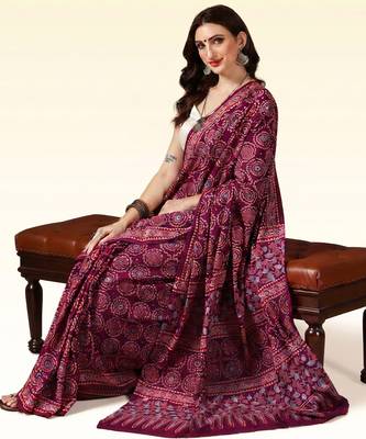 Maroon wine ajrakh printed cotton saree 3