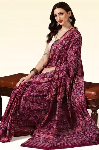 Maroon wine ajrakh printed cotton saree
