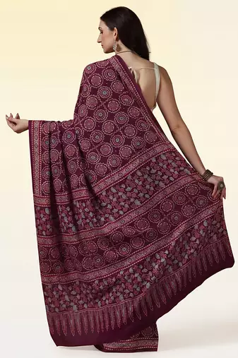 Maroon wine ajrakh printed cotton saree