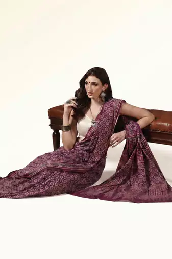 Maroon wine ajrakh printed cotton saree