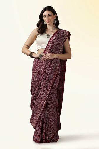 Maroon wine ajrakh printed cotton saree