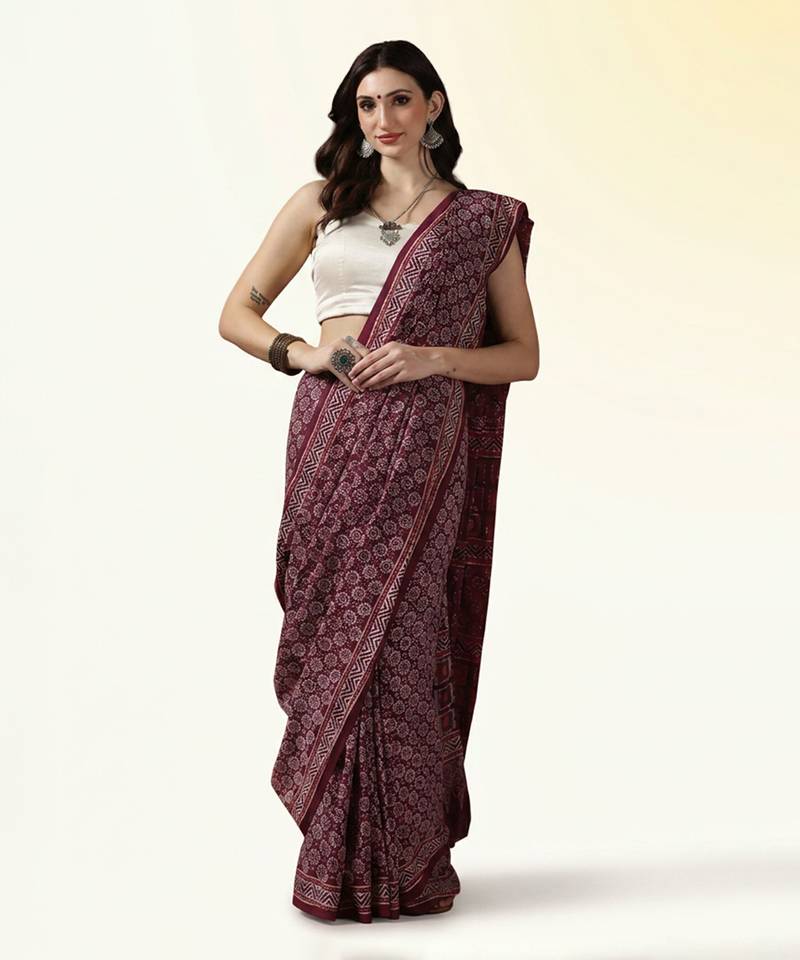 Maroon wine ajrakh printed cotton saree