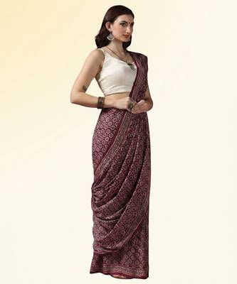 Maroon wine ajrakh printed cotton saree 2