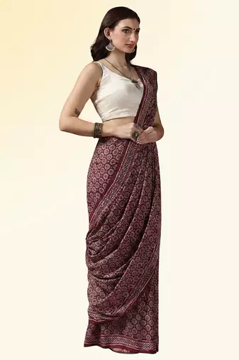 Maroon wine ajrakh printed cotton saree