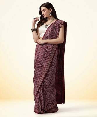 Maroon wine ajrakh printed cotton saree 3