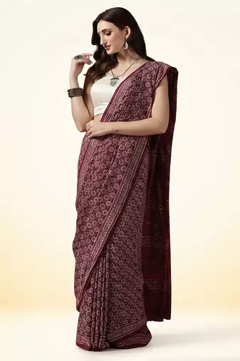 Maroon wine ajrakh printed cotton saree