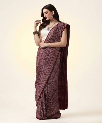 Maroon wine ajrakh printed cotton saree 4