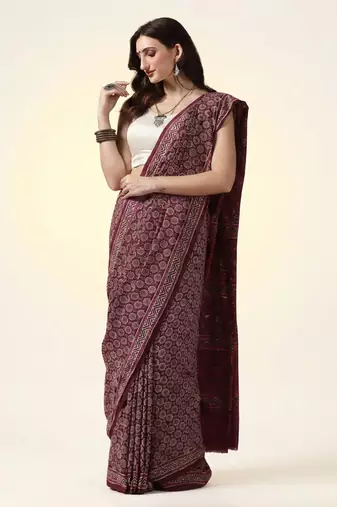 Maroon wine ajrakh printed cotton saree