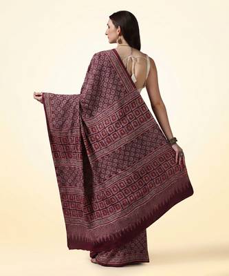 Maroon wine ajrakh printed cotton saree 5