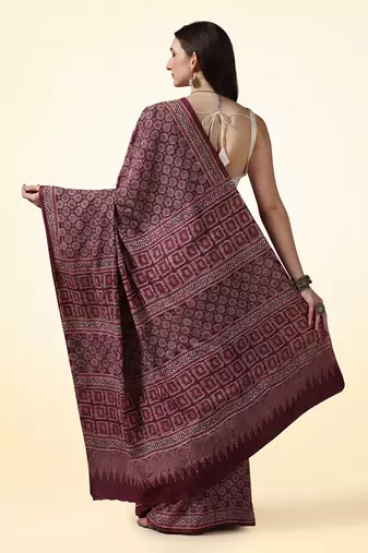 Maroon wine ajrakh printed cotton saree