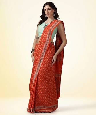 Rust orange ajrakh printed cotton saree 1