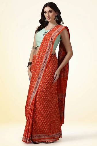 Rust orange ajrakh printed cotton saree