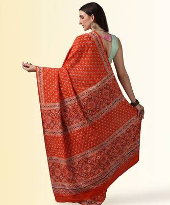 Rust orange ajrakh printed cotton saree 2