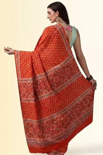 Rust orange ajrakh printed cotton saree