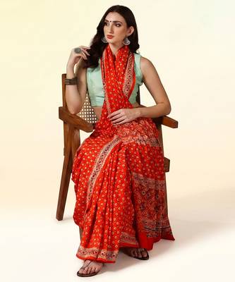 Rust orange ajrakh printed cotton saree 3