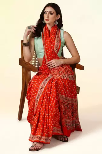 Rust orange ajrakh printed cotton saree
