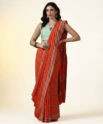 Rust orange ajrakh printed cotton saree 4