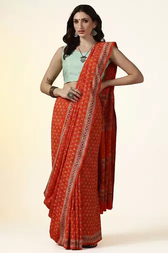 Rust orange ajrakh printed cotton saree