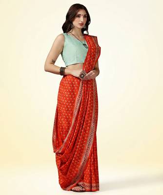 Rust orange ajrakh printed cotton saree 5