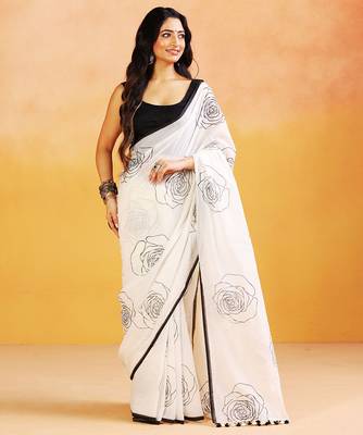 White printed handloom khadi saree 1