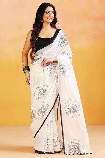 White printed handloom khadi saree