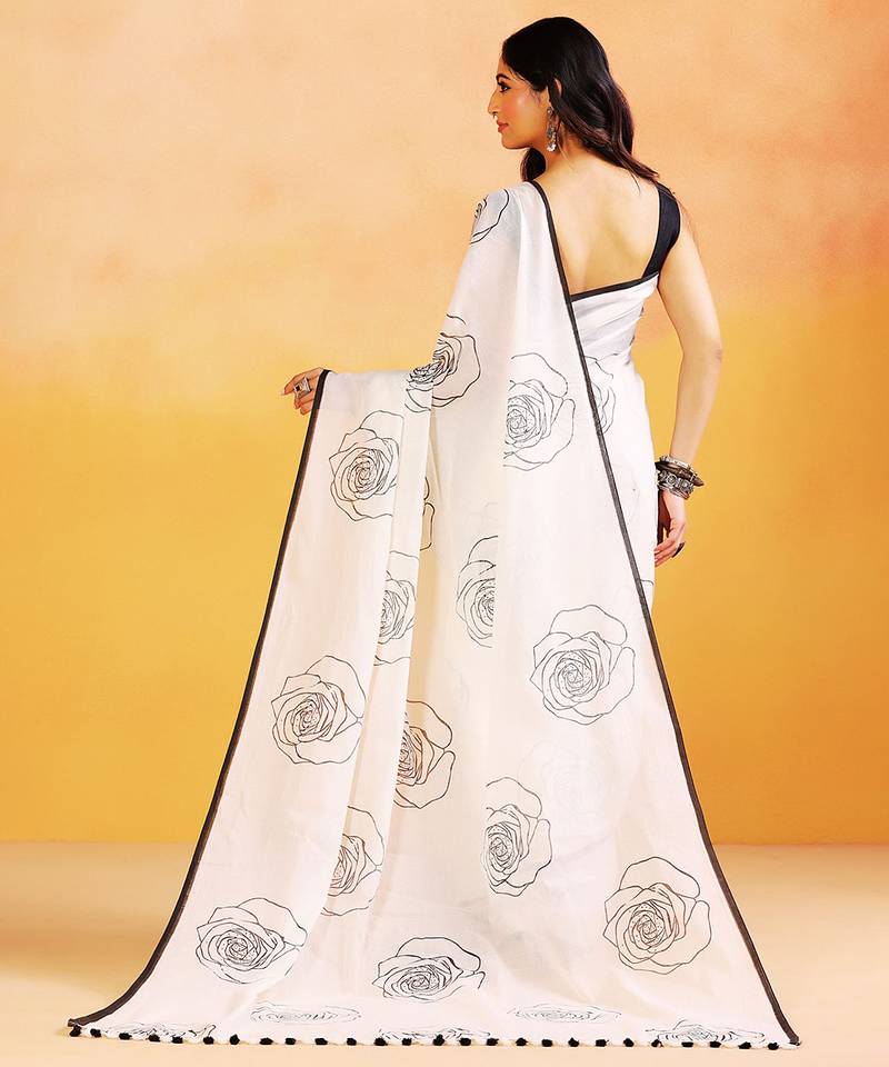 White printed handloom khadi saree
