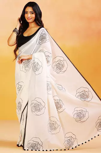 White printed handloom khadi saree
