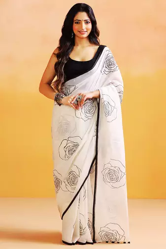White printed handloom khadi saree