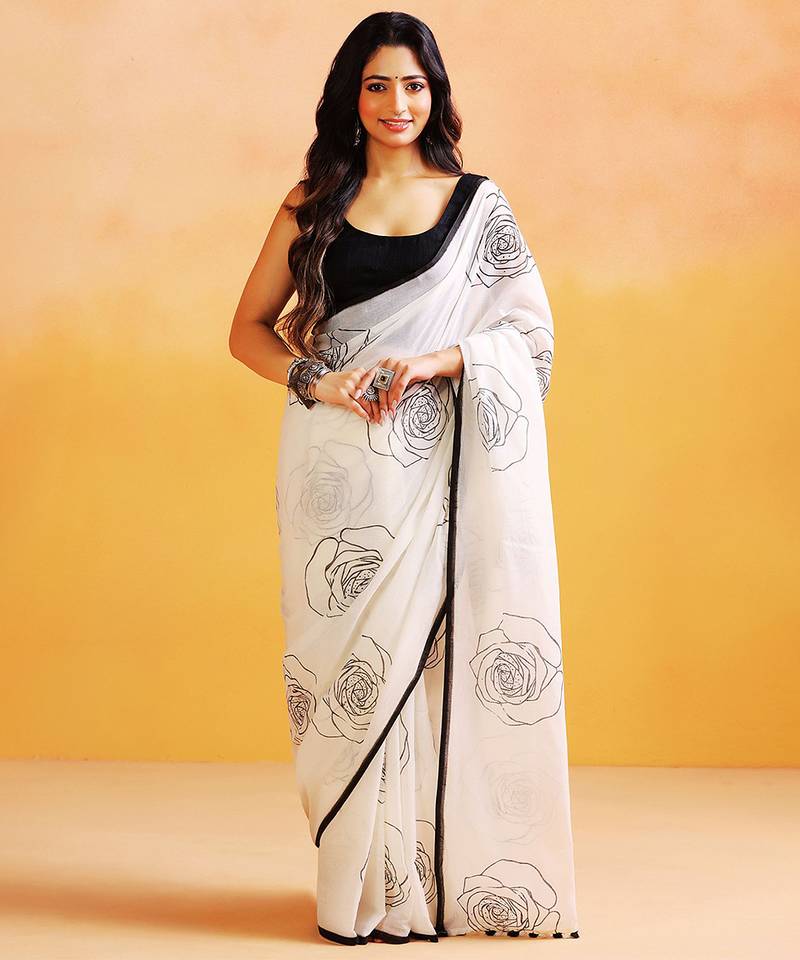 White printed handloom khadi saree