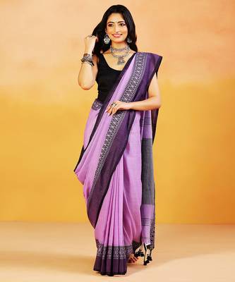 Lavender block printed handloom khadi saree 1