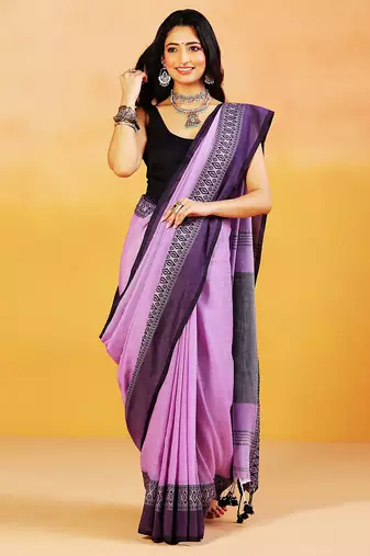 Lavender block printed handloom khadi saree