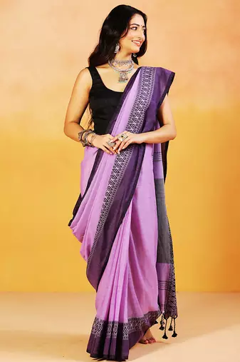 Lavender block printed handloom khadi saree