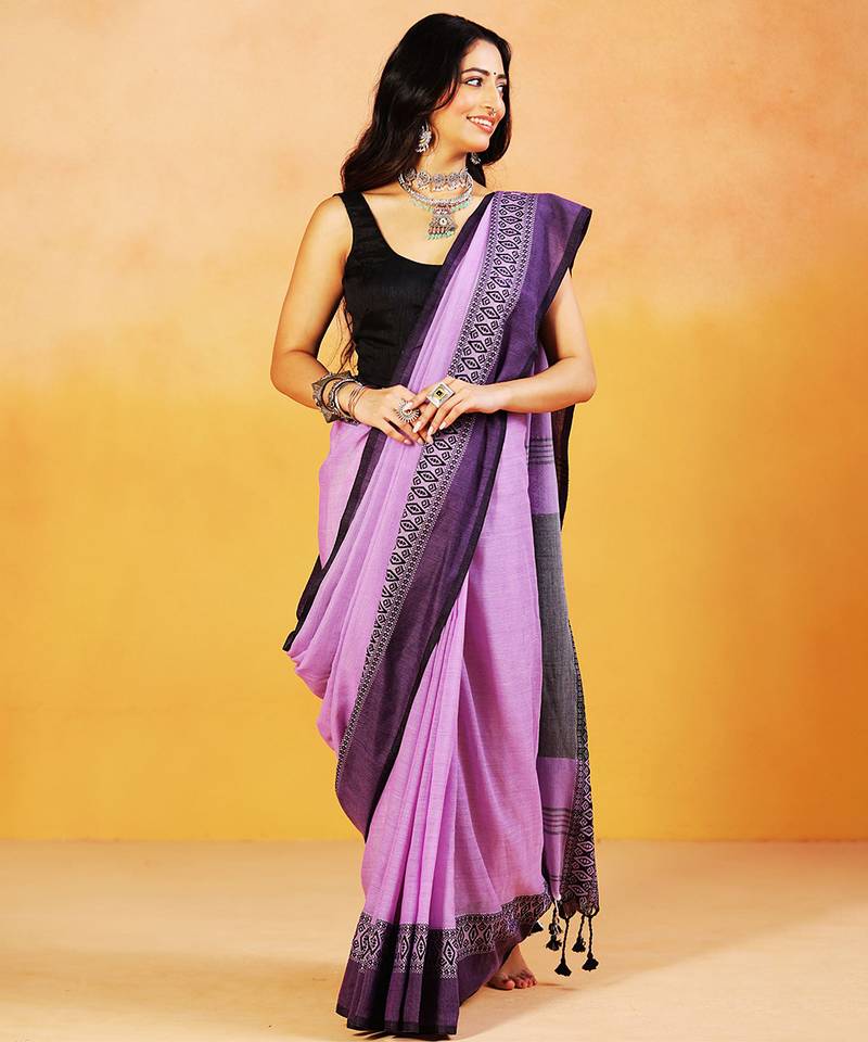 Lavender block printed handloom khadi saree