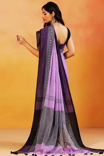Lavender block printed handloom khadi saree