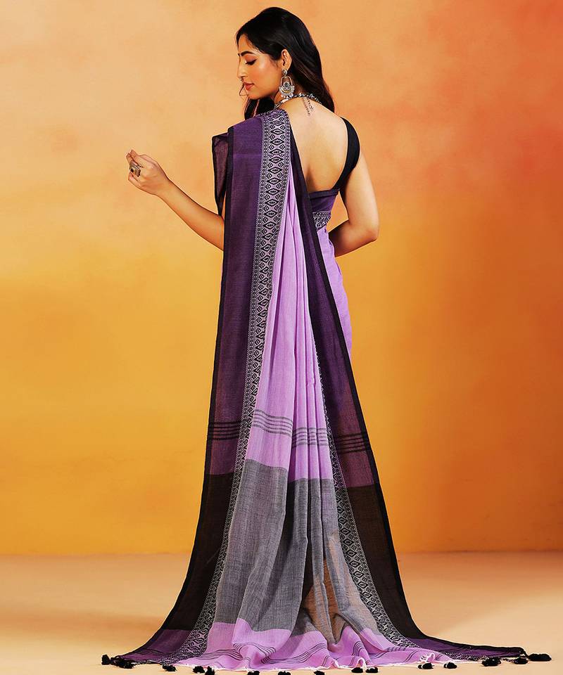 Lavender block printed handloom khadi saree