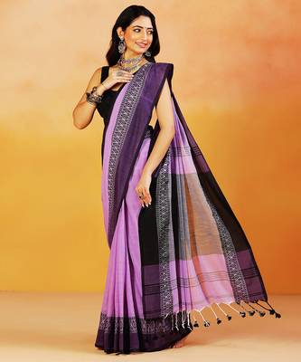 Lavender block printed handloom khadi saree 4
