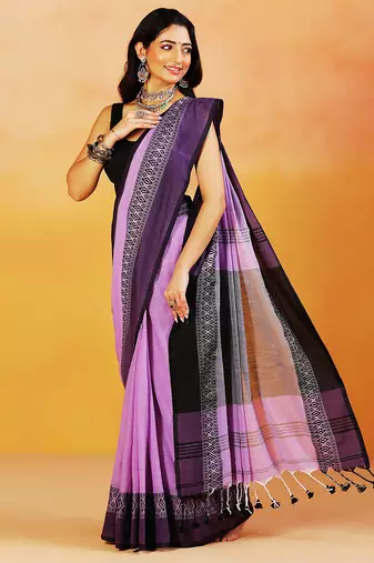 Lavender block printed handloom khadi saree