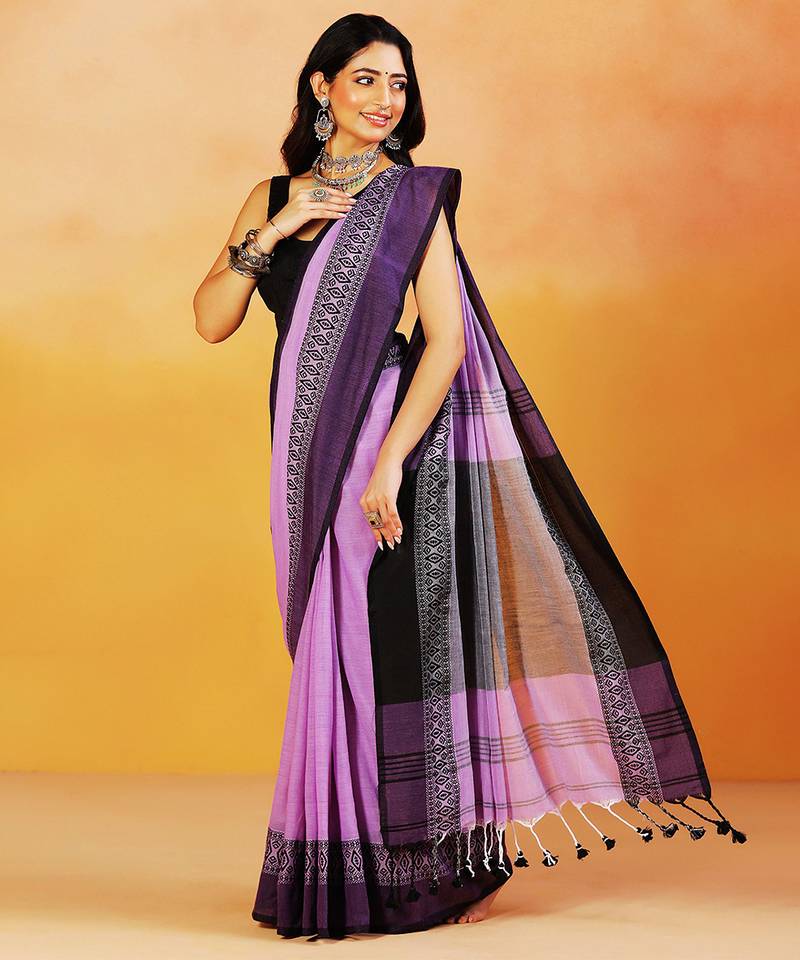Lavender block printed handloom khadi saree