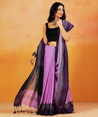 Lavender block printed handloom khadi saree 5