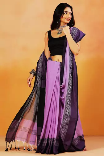 Lavender block printed handloom khadi saree