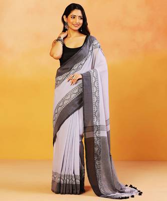 Grey block printed handloom khadi saree 1