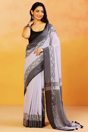 Grey block printed handloom khadi saree