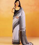 Grey block printed handloom khadi saree
