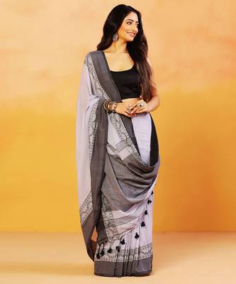 Grey block printed handloom khadi saree 2