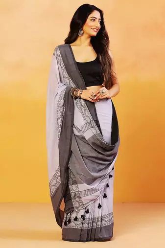 Grey block printed handloom khadi saree