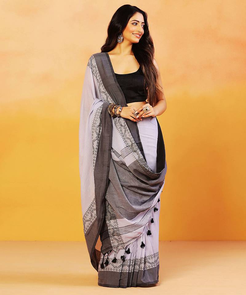 Grey block printed handloom khadi saree