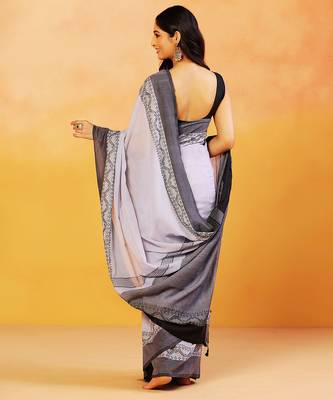 Grey block printed handloom khadi saree 3