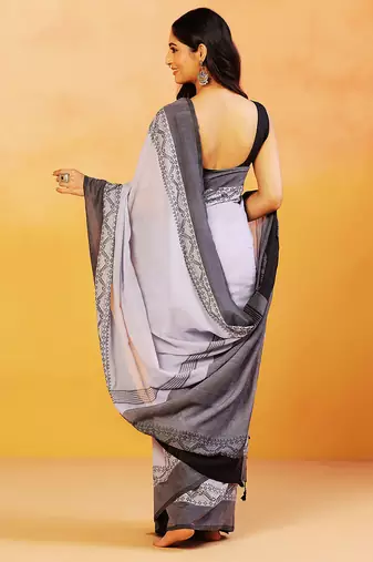 Grey block printed handloom khadi saree